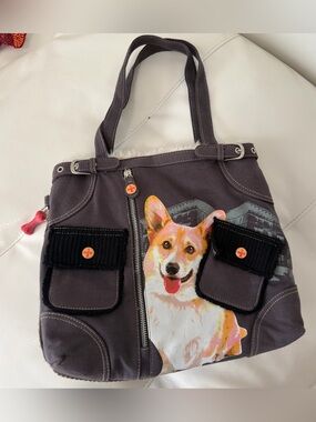 Fuzzy Nation Gray Fur Lined Tote Purse With Corgi Dog